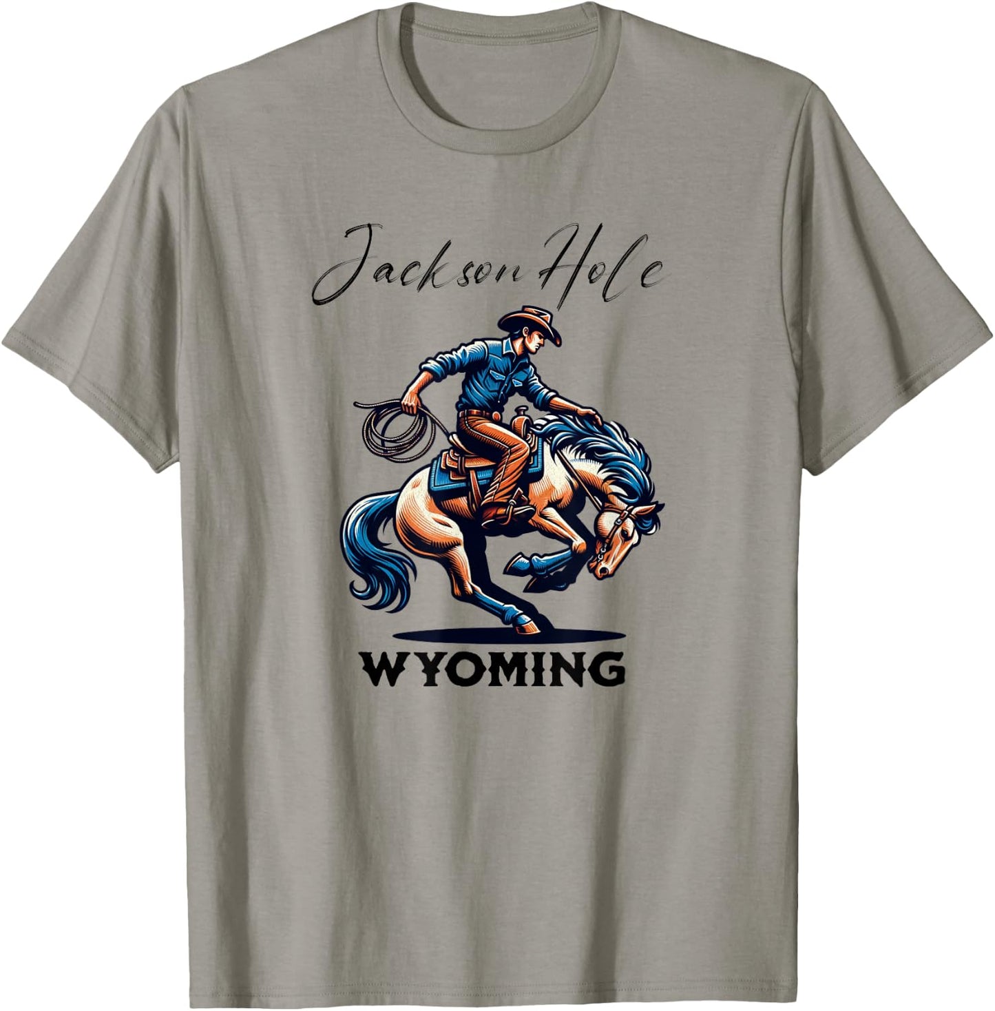 Jackson Hole Wyoming Rodeo Cowboy and Horse T-Shirt - T-Shirt | Sand