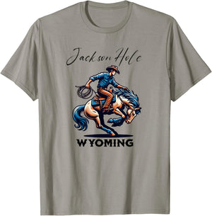 Jackson Hole Wyoming Rodeo Cowboy and Horse T-Shirt - T-Shirt | Sand