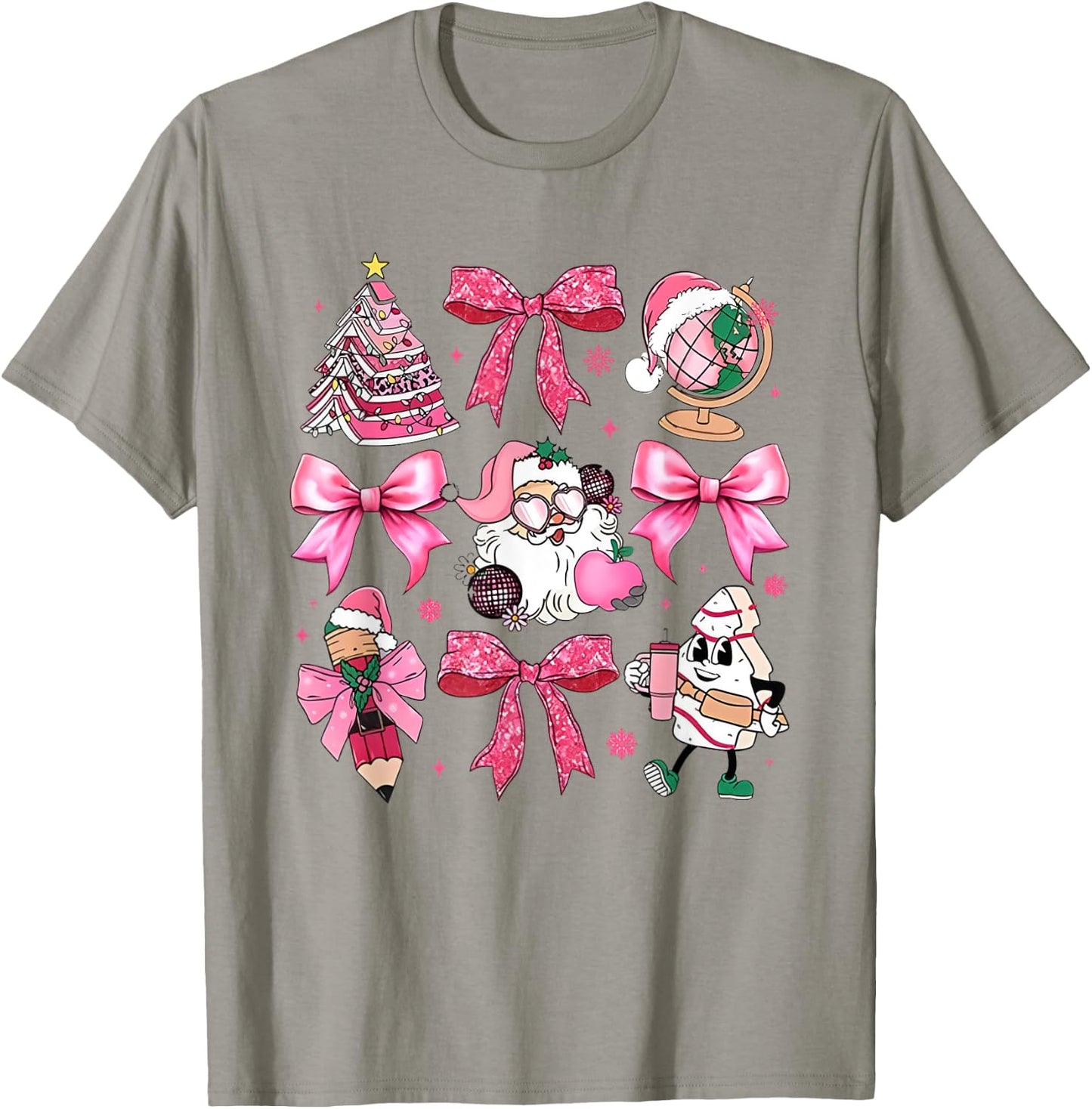 Women Pink Santa Teacher Christmas Coquette Bow Pencil Santa T-Shirt - T-Shirt | Sand