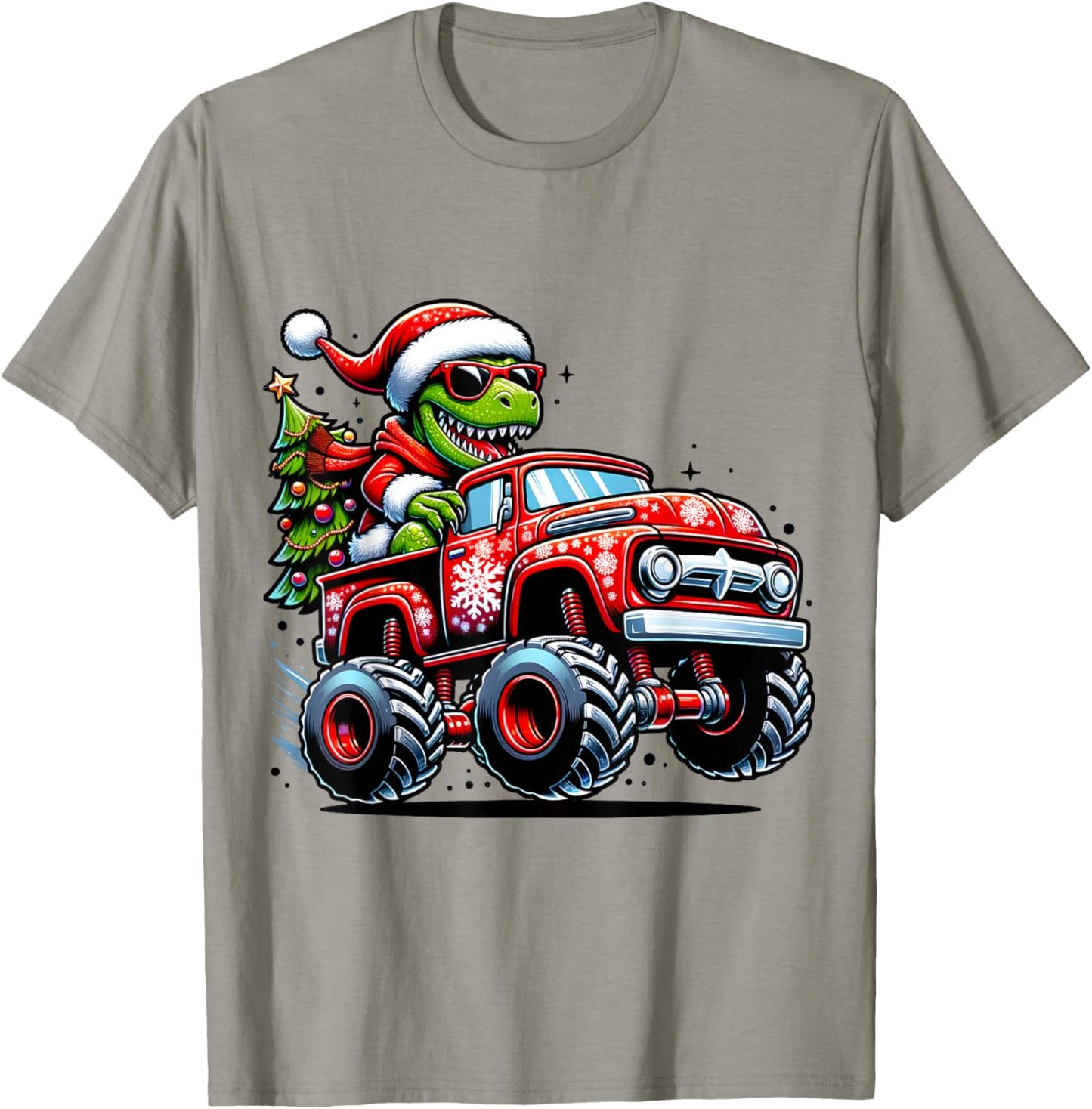 Christmas T Rex Monster Truck Boys Dinosaur Santa Xmas Funny T-Shirt - T-Shirt | Sand
