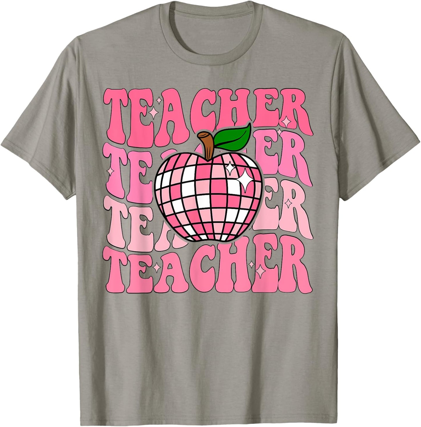 Retro Pink Disco Ball Apple Teacher Colorful Back To School Men Women Girls Kids T-Shirt - T-Shirt | Sand