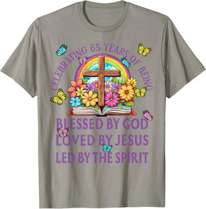 Blessed By God For 65 Years Rainbow And Flowers Birthday T-Shirt - T-Shirt | Sand