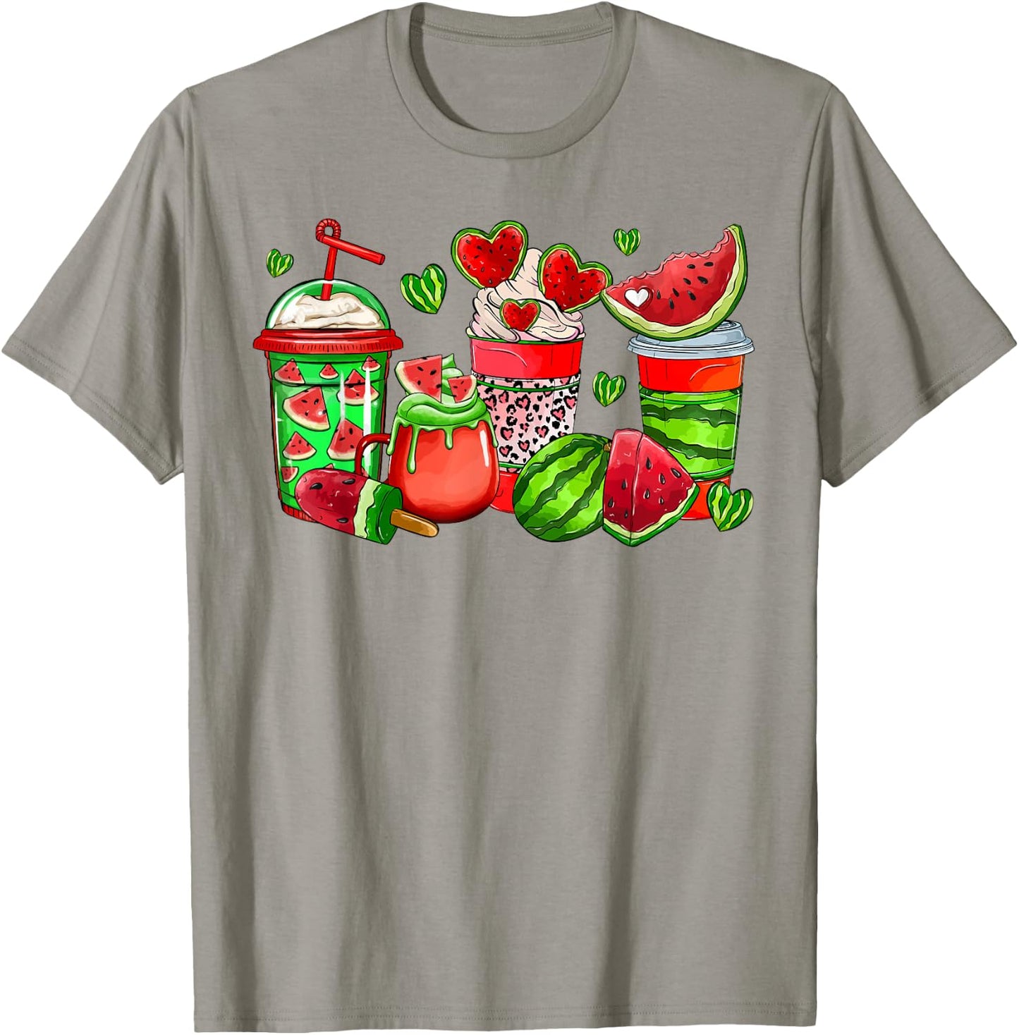 Cute Cups Of Iced Coffee Watermelon Tropical Summer Vacation Men Women Girls Kids T-Shirt - T-Shirt | Sand