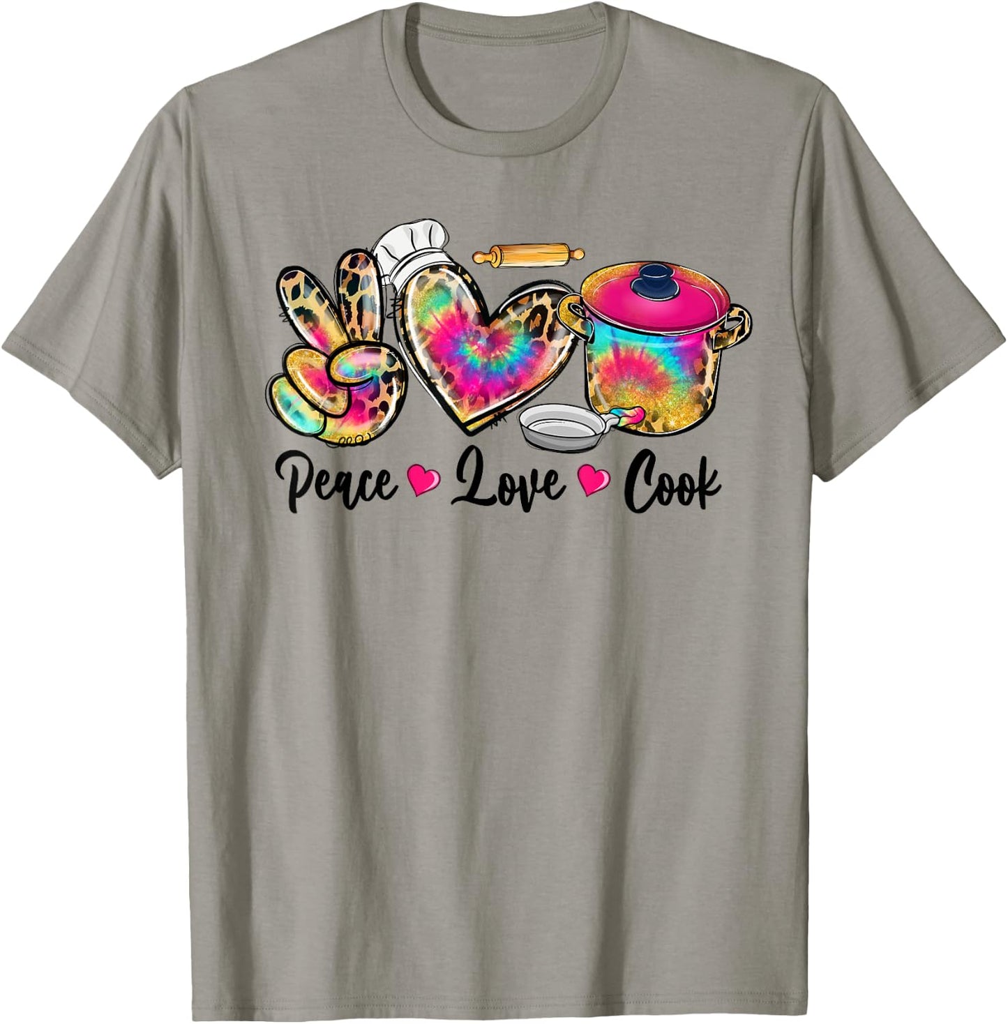 Peace Love Cooking Lunch Lady Life Tie Dye Leopard T-Shirt - T-Shirt | Sand