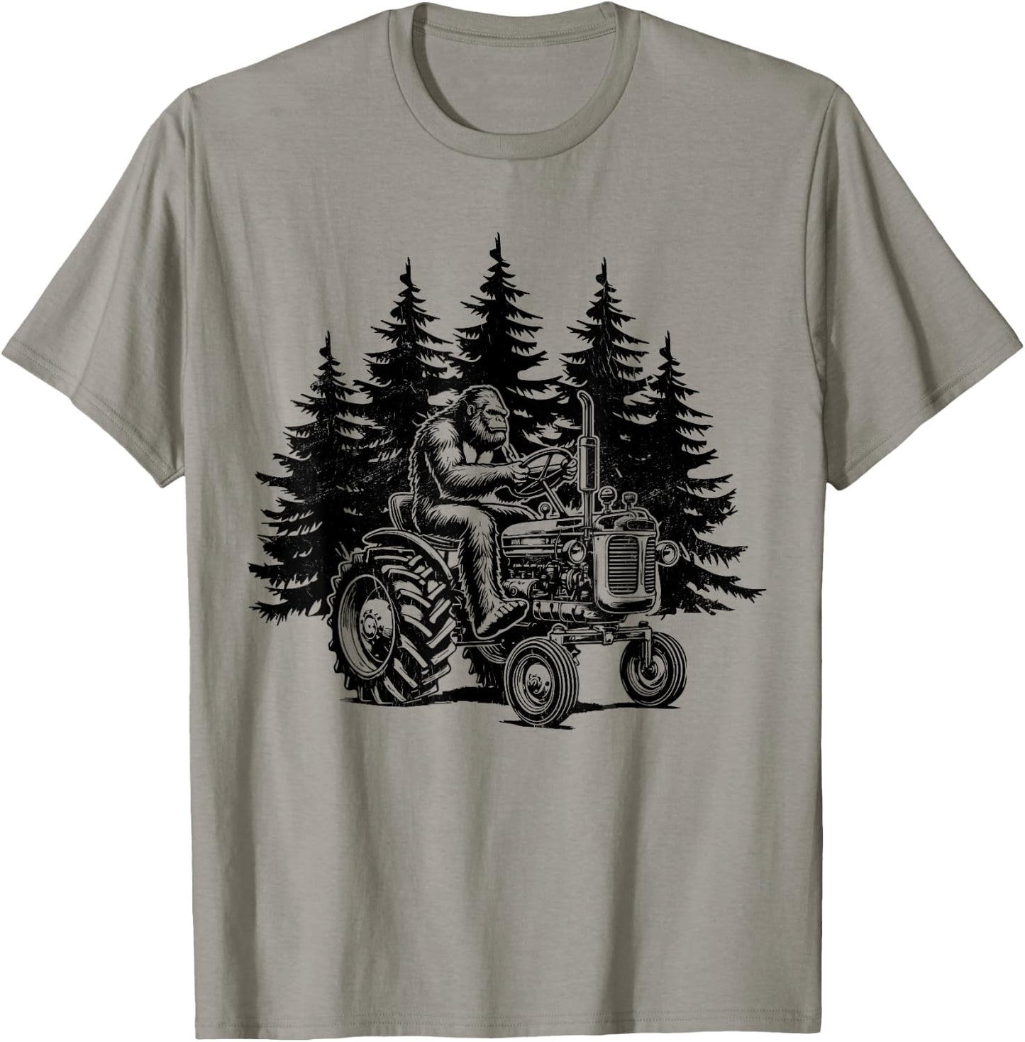Retro Farmer Bigfoot Riding Tractor Funny Bigfoot Farming T-Shirt - T-Shirt | Sand