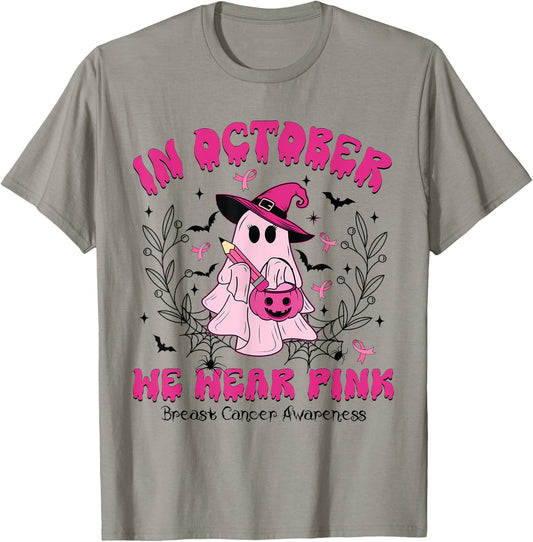 Teacher Boo Ghost In October We Wear Pink Breast Cancer T-Shirt - T-Shirt | Sand