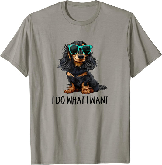 Funny Do What I Want Black Long Haired Dachshund Lover T-Shirt - T-Shirt | Sand