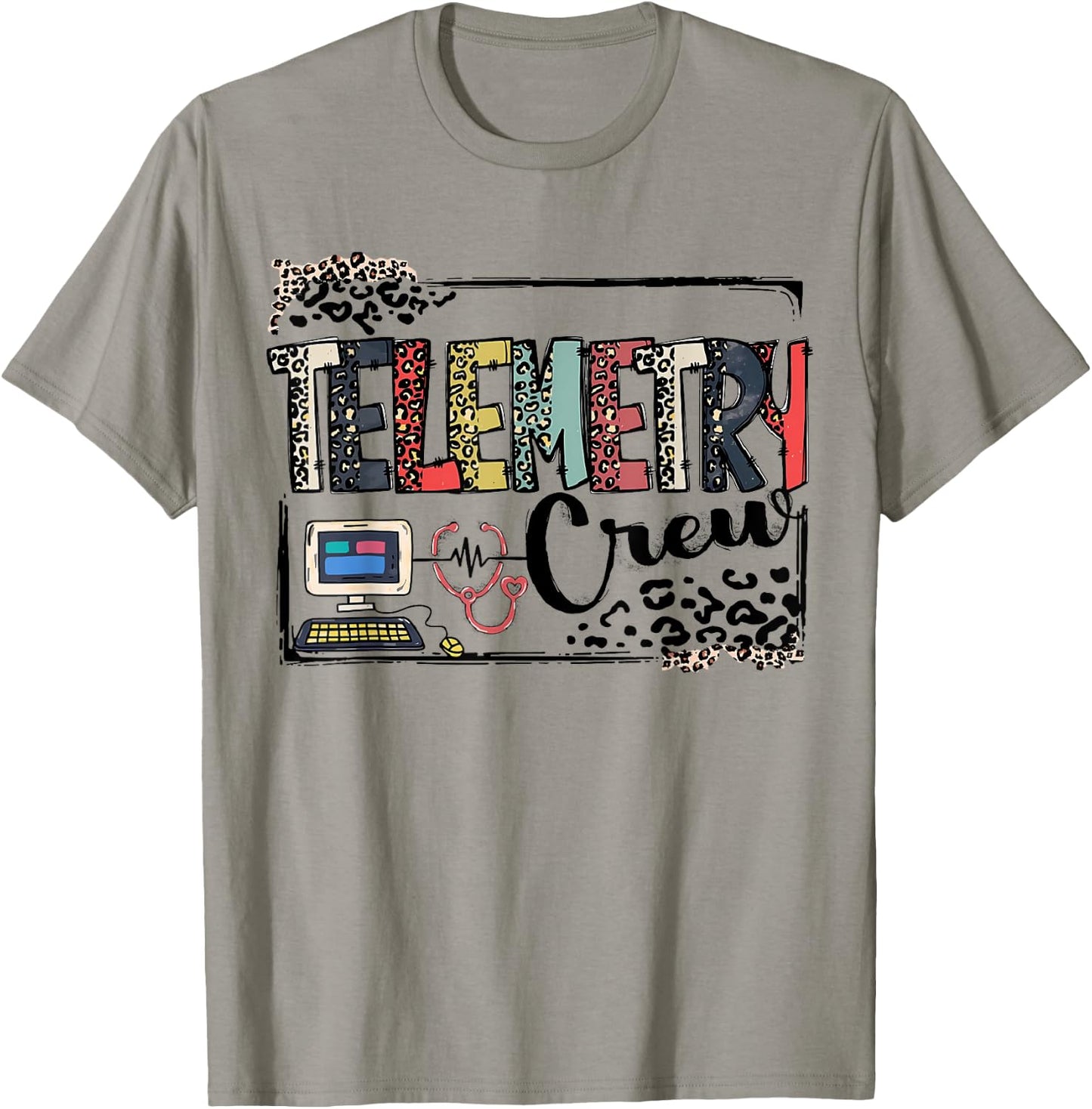 Leopard Lettering Telemetry Crew Cardiac Telemetry Tech T-Shirt - T-Shirt | Sand