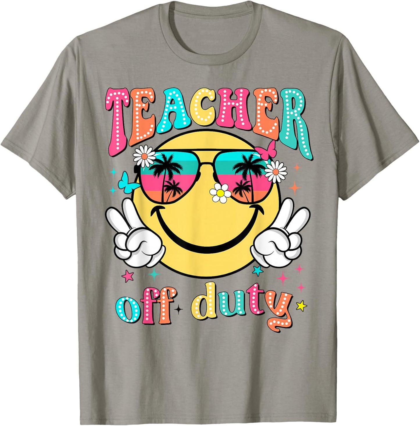 Teacher Off Duty Retro Smile Last Day Of School Summer T-Shirt - T-Shirt | Sand