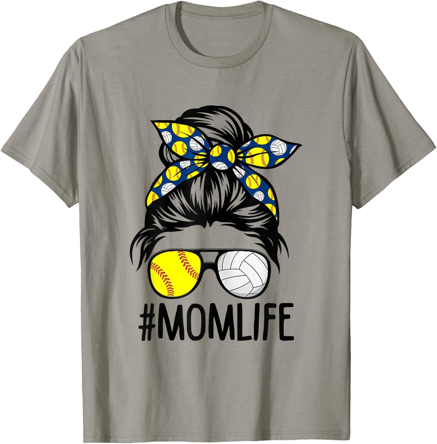 Dy Mom Life Softball Volleyball Mothers Day Messy Bun T-Shirt - T-Shirt | Sand