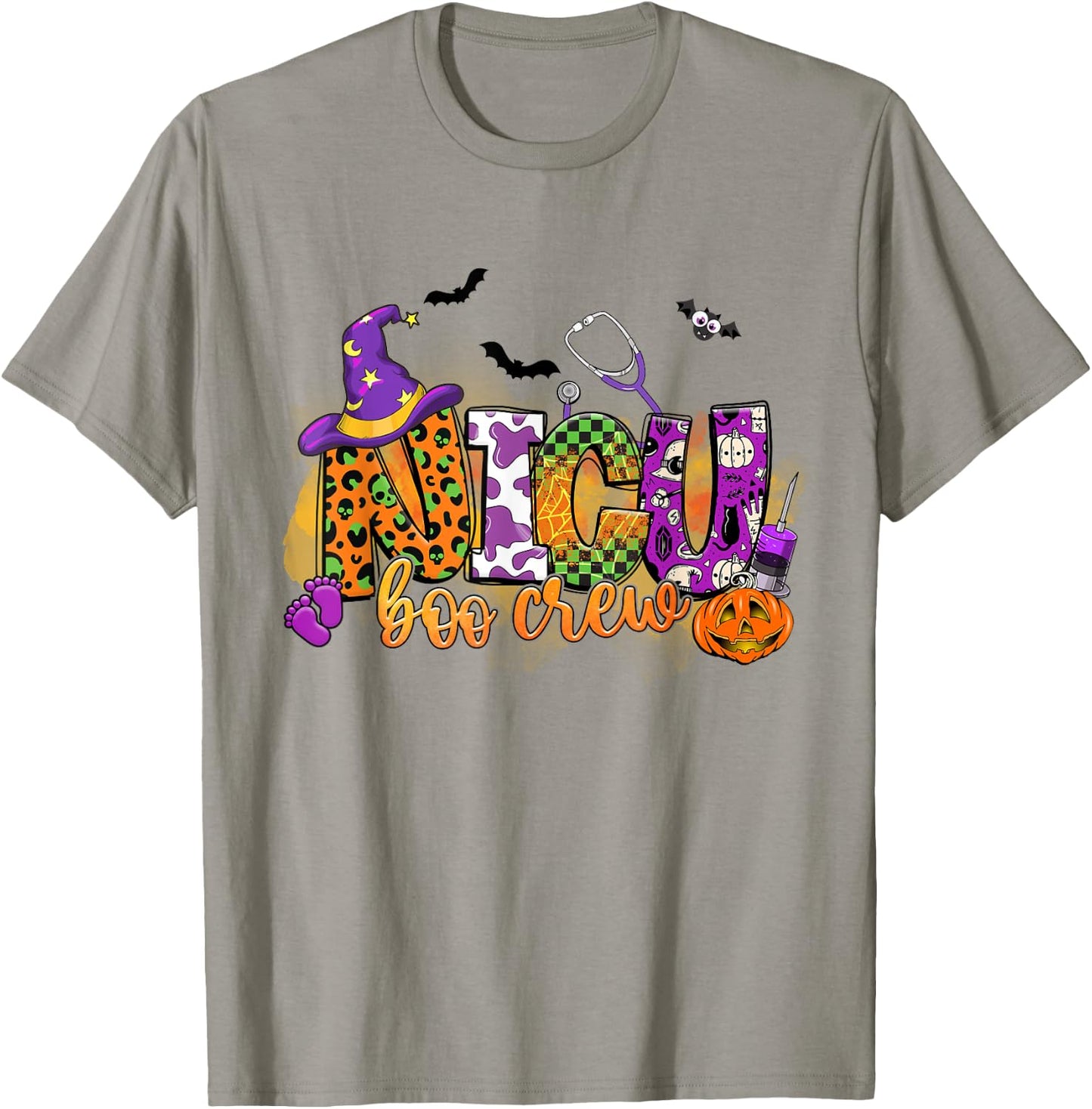 NICU Boo Crew Pumpkin Witch Hat Funny Halloween T-Shirt - T-Shirt | Sand