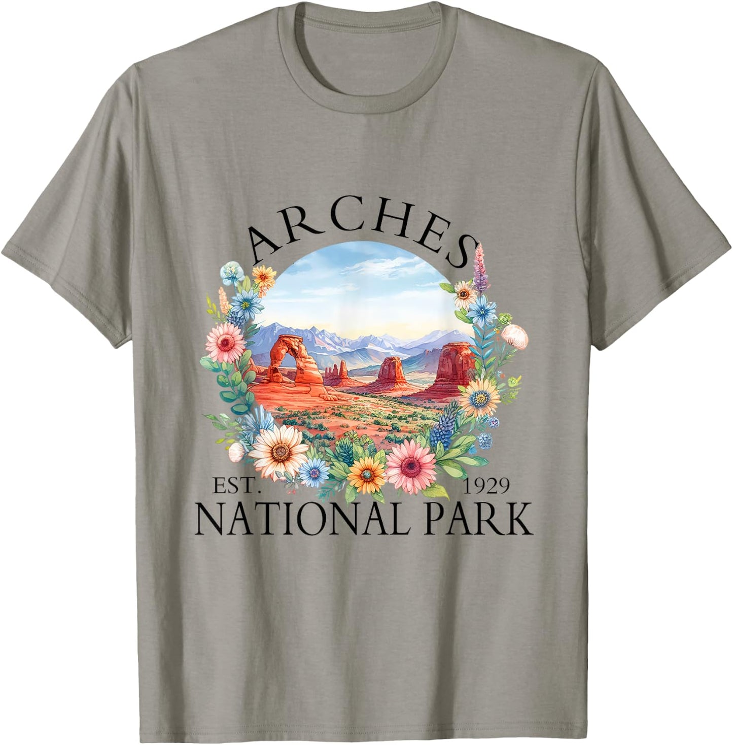 Retro Floral Arches National Park Hiking Camping Outdoor T-Shirt - T-Shirt | Sand