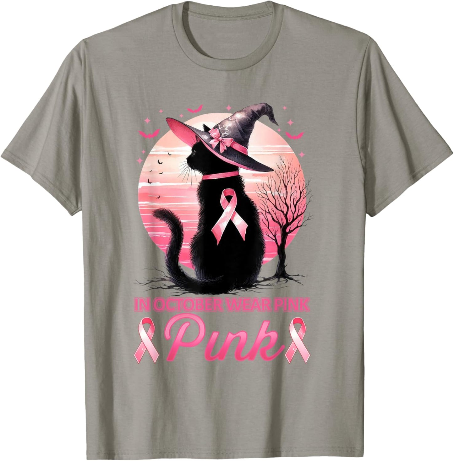 Cat In October We Wear Pink Ribbon Breast Cancer Awareness T-Shirt - T-Shirt | Sand