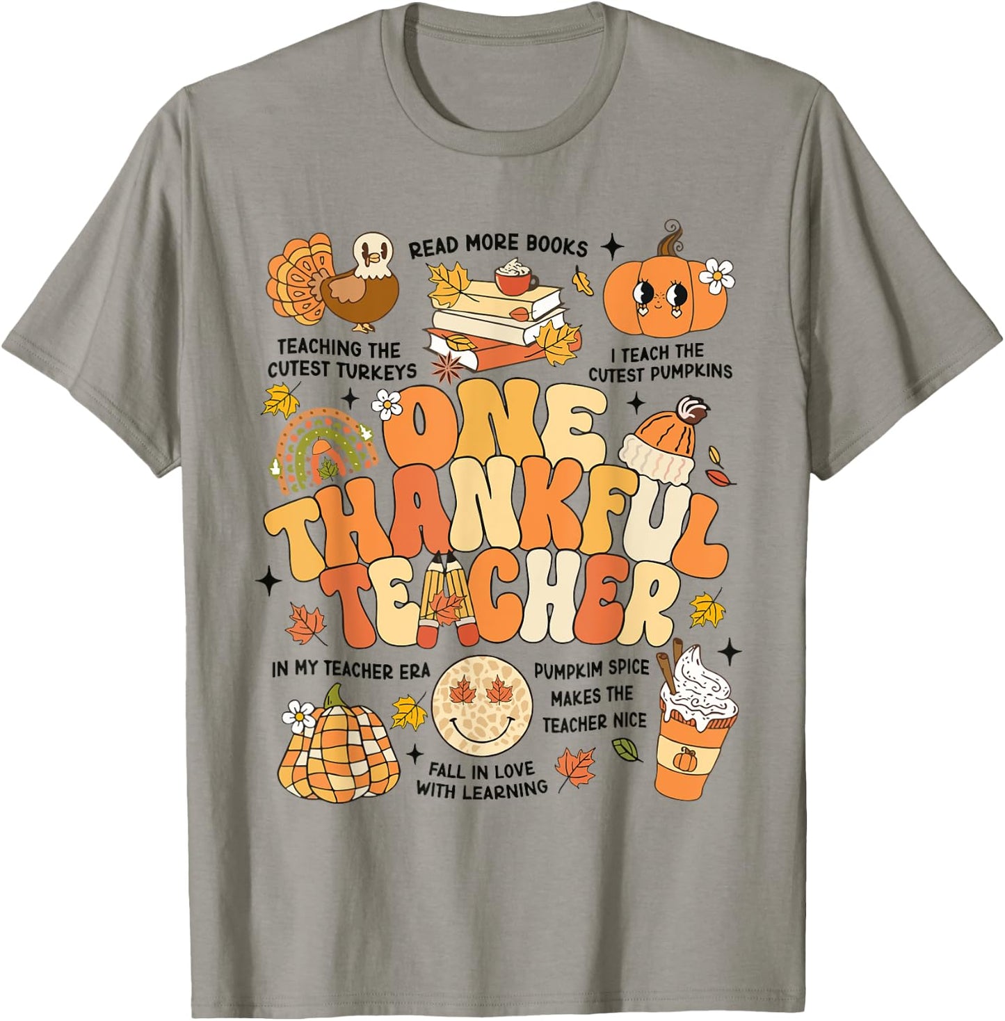 One Thankful Teacher Thanksgiving Retro Autumn Fall Teachers T-Shirt - T-Shirt | Sand