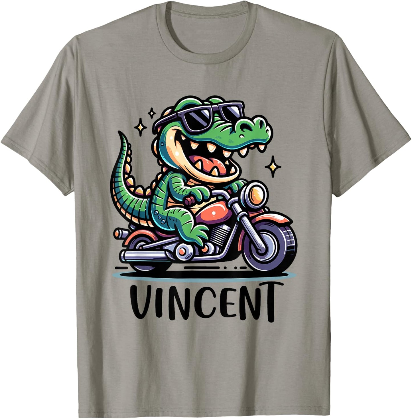 Vincent Alligator Motorcycle Design for Boys Name Vincent T-Shirt - T-Shirt | Sand