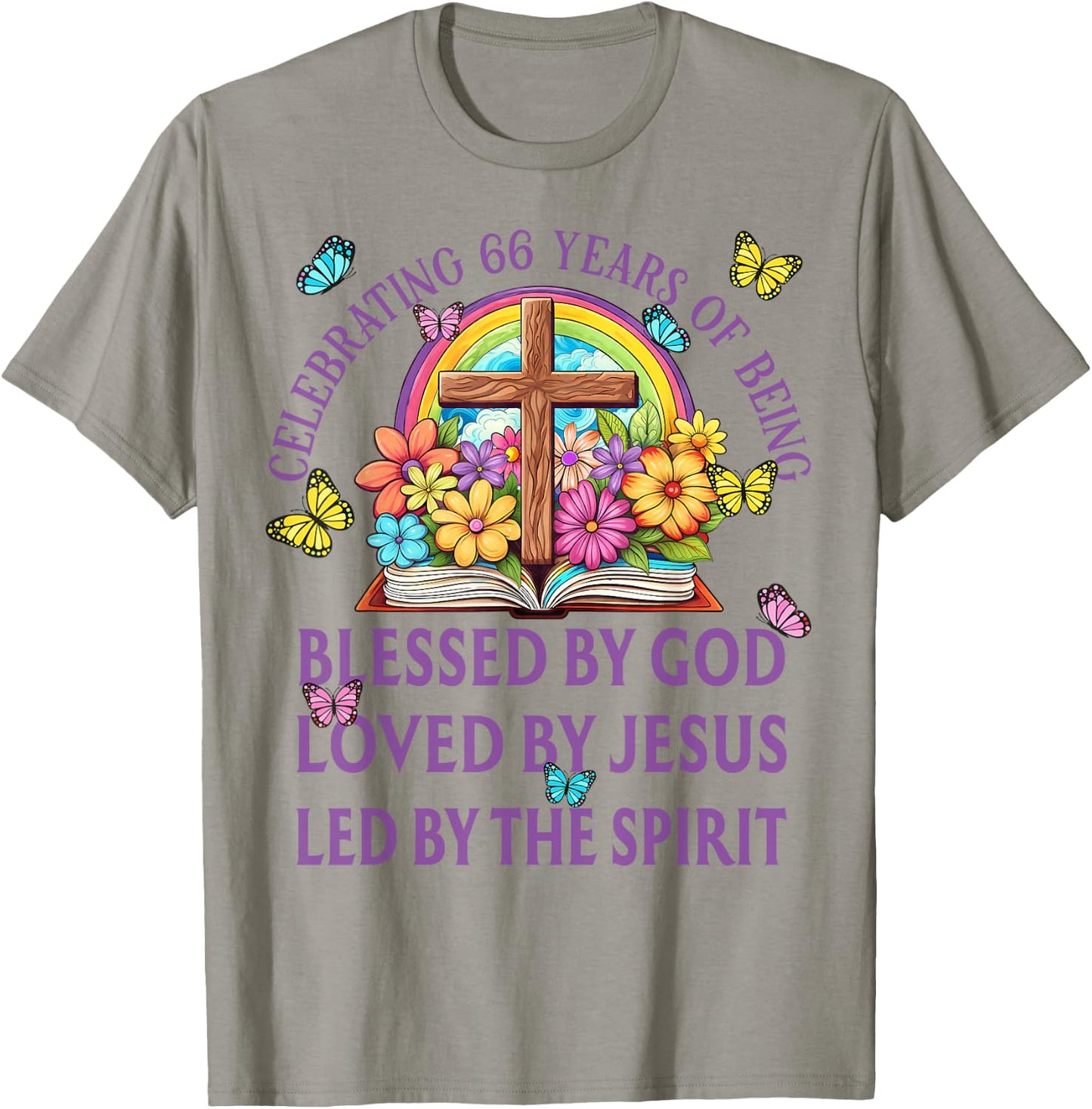 Blessed By God For 66 Years Rainbow And Flowers Birthday T-Shirt - T-Shirt | Sand