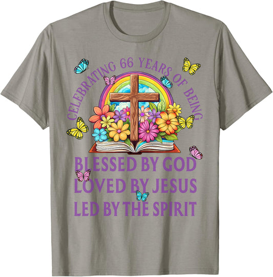 Blessed By God For 66 Years Rainbow And Flowers Birthday T-Shirt - T-Shirt | Sand