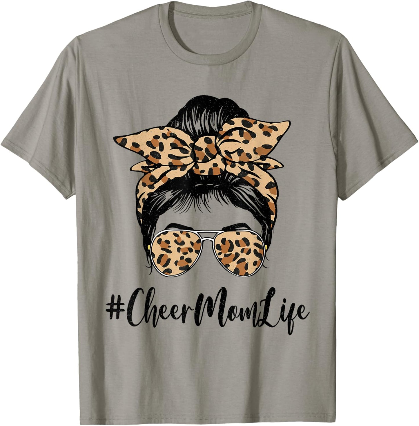 Funny Cheer Mom Life Bleached Leopard Messy Bun Mother's day T-Shirt - T-Shirt | Sand
