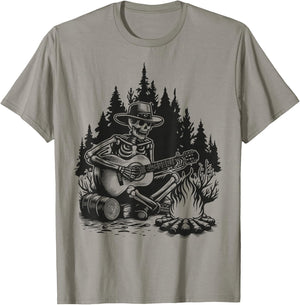 Camp Skeleton Country Music Campfire Skeleton Playing Guitar T-Shirt - T-Shirt | Sand