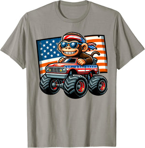 Patriotic Monkey 4th July Monster Truck American Women Kids Men T-Shirt - T-Shirt | Sand