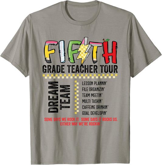 Fifth Grade Dream Team Rocks Back To School Teacher Tour T-Shirt - T-Shirt | Sand