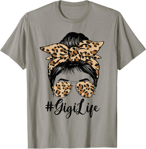 Funny Gigi Life Bleached Leopard Messy Bun Mother's day T-Shirt - T-Shirt | Sand