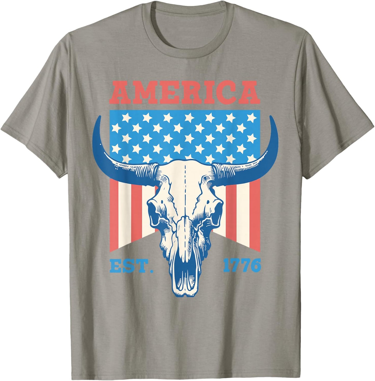 America Est 1776 Vintage Bull Skull US Flag 4th of July Women Kids Men T-Shirt - T-Shirt | Sand