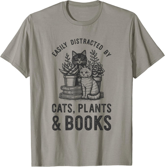 Cats Plants And Books Shirt Funny Plant Lover Gift Gardening T-Shirt - T-Shirt | Sand