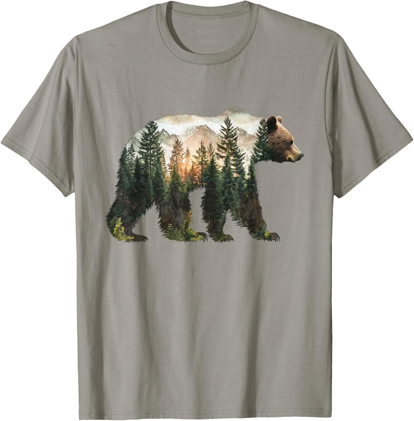 Bear Forest Mountains Trees Nature Sunset Outdoor Graphic T-Shirt - T-Shirt | Sand