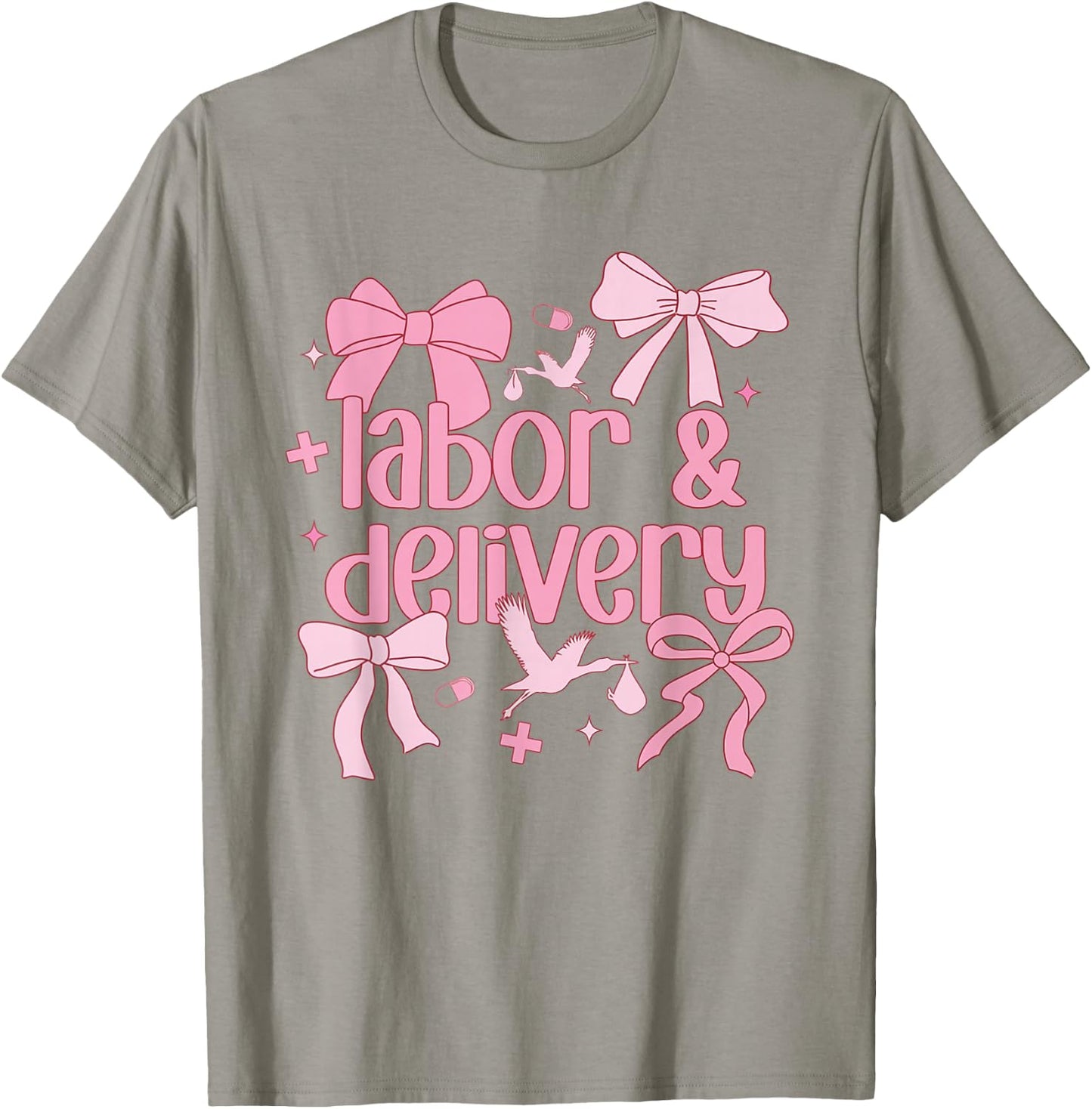 Women Labor and Delivery Nurse Grad Coquette Pink Bow Ribbon T-Shirt - T-Shirt | Sand