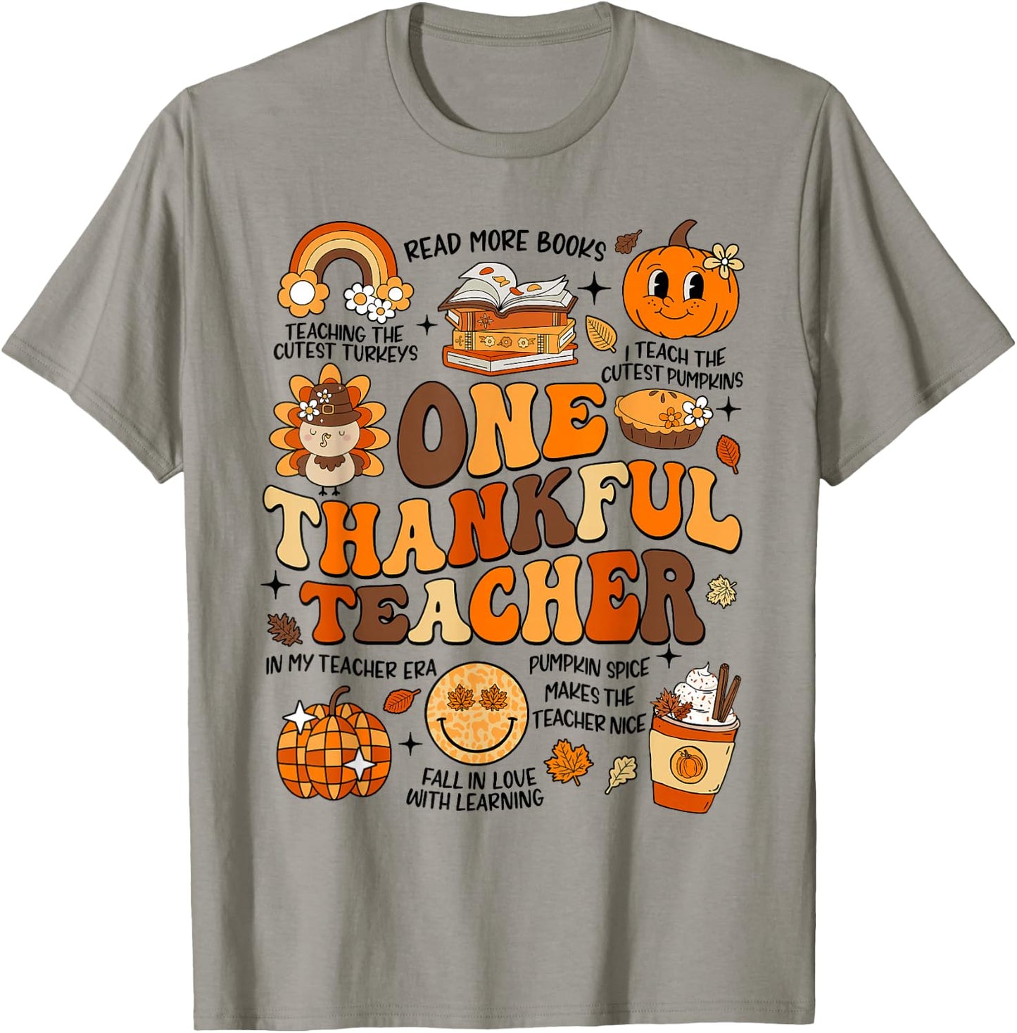One Thankful Teacher Thanksgiving Retro Groovy Fall Teachers T-Shirt - T-Shirt | Sand