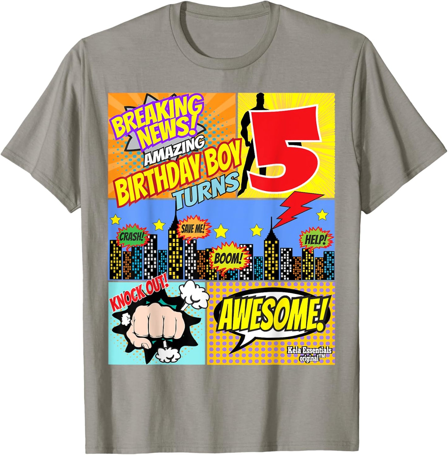 Birthday Boys Shirt Age 5 Superhero Comic Book Theme Party T-Shirt - T-Shirt | Sand
