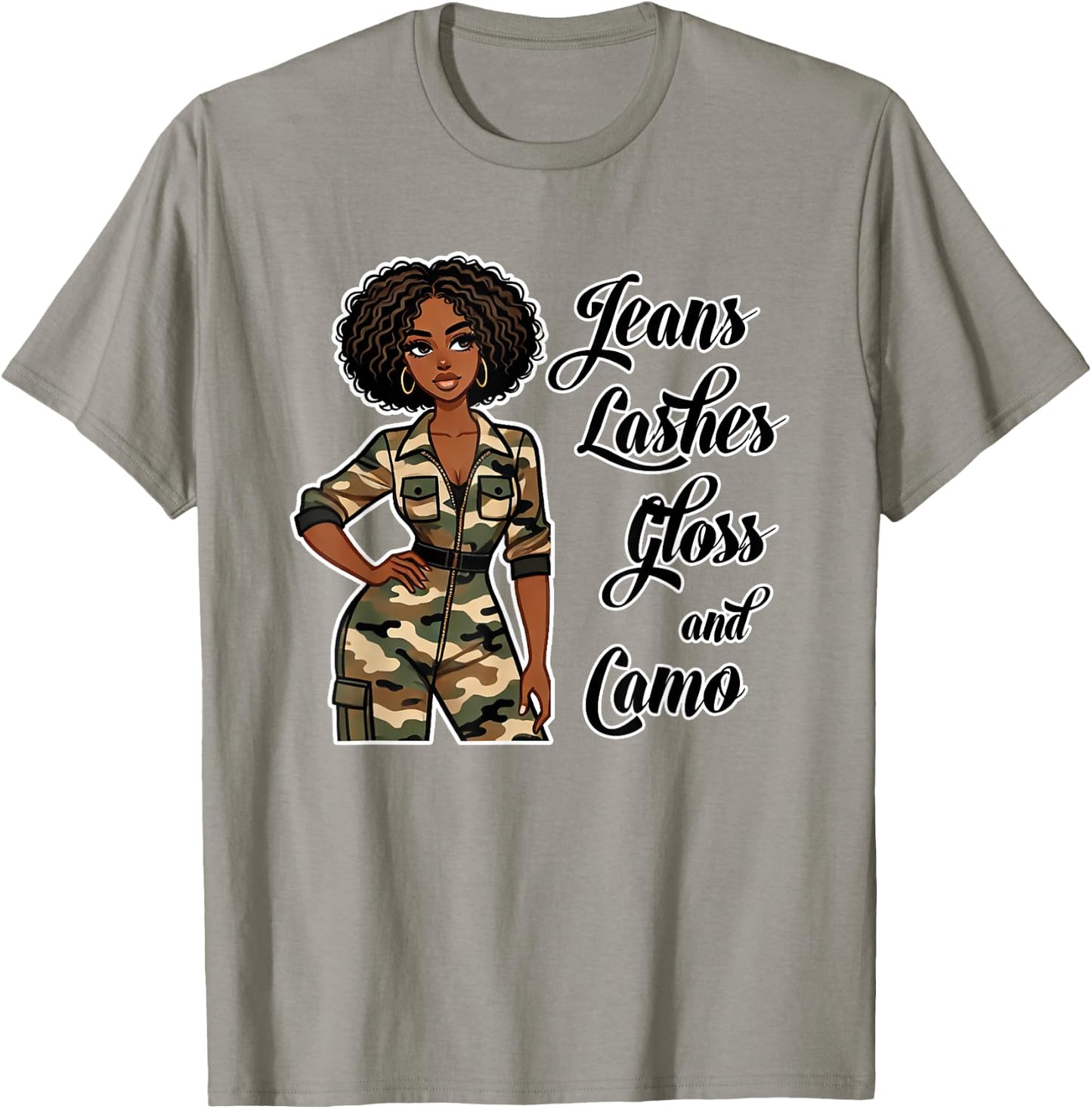 Jeans Lashes Gloss and Camo Black Woman Afro T-Shirt - T-Shirt | Sand