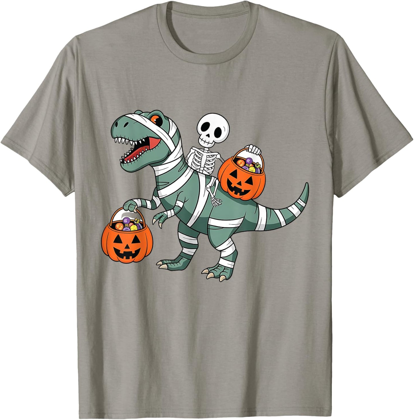 Skeleton Riding Mummy Dinosaur T rex Halloween Funny Pumpkin T-Shirt - T-Shirt | Sand