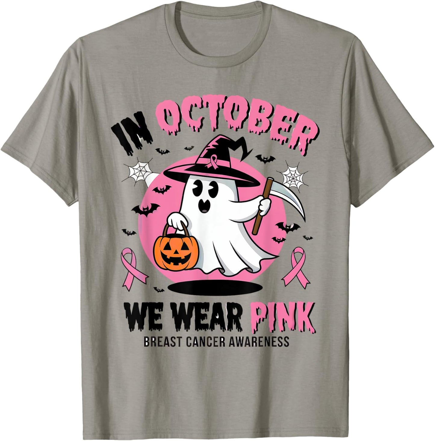 In October We Wear Pink Ghost Witch Breast Cancer Awareness T-Shirt - T-Shirt | Sand