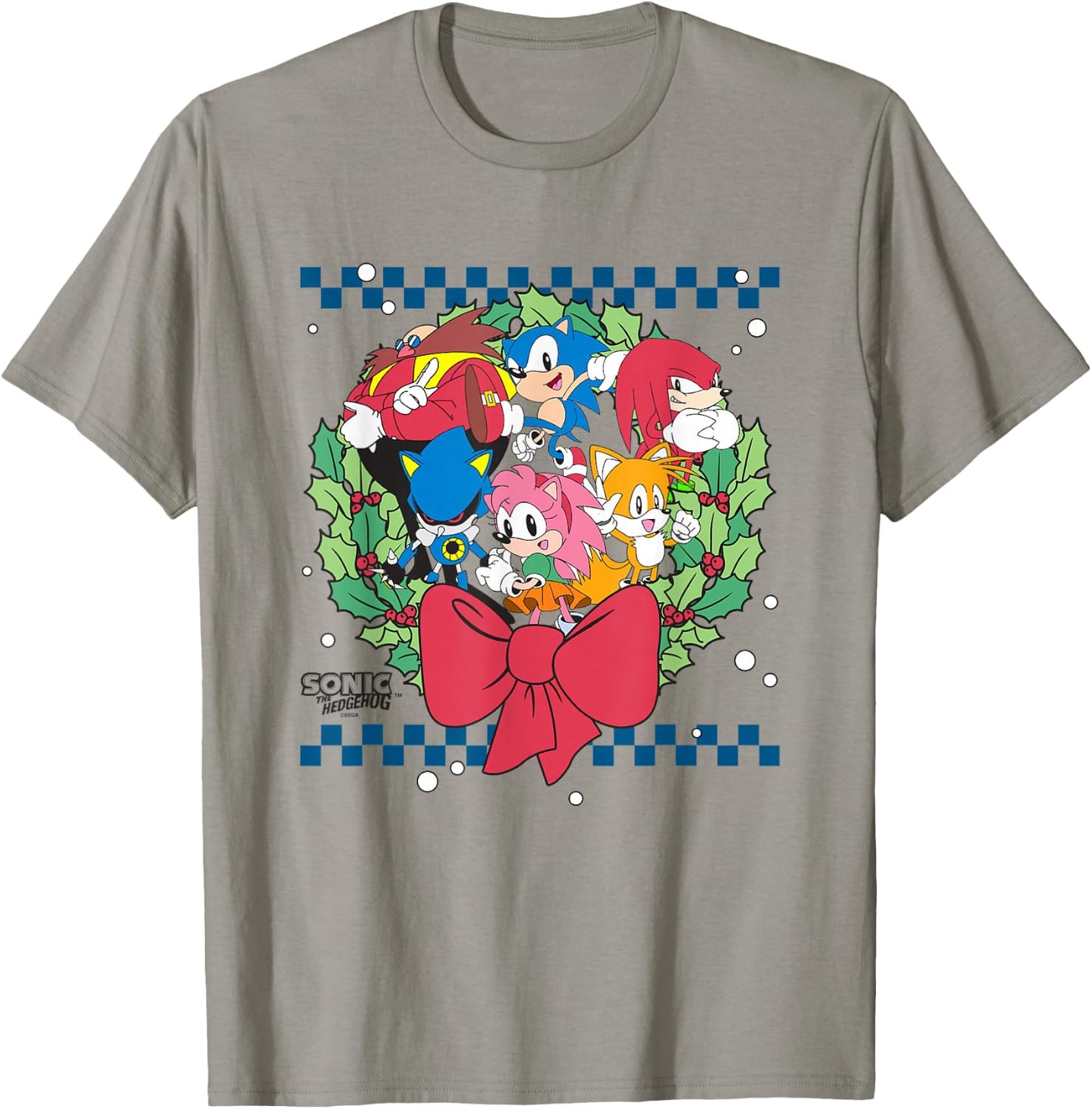 Sonic The Hedgehog Christmas Wreath Group Shot Chest Logo T-Shirt - T-Shirt | Sand