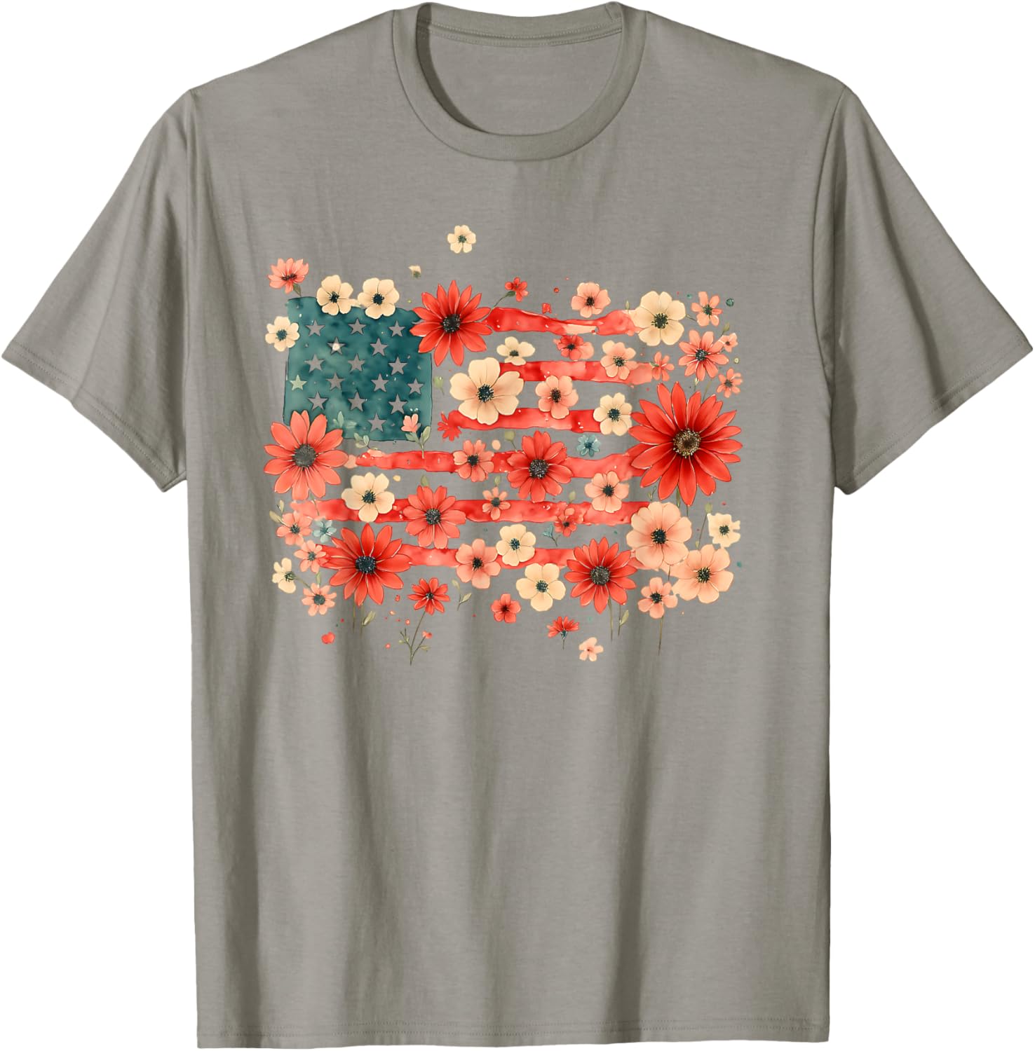 Floral American Flag Daisy 4th July Girls Women Patriotic T-Shirt - T-Shirt | Sand