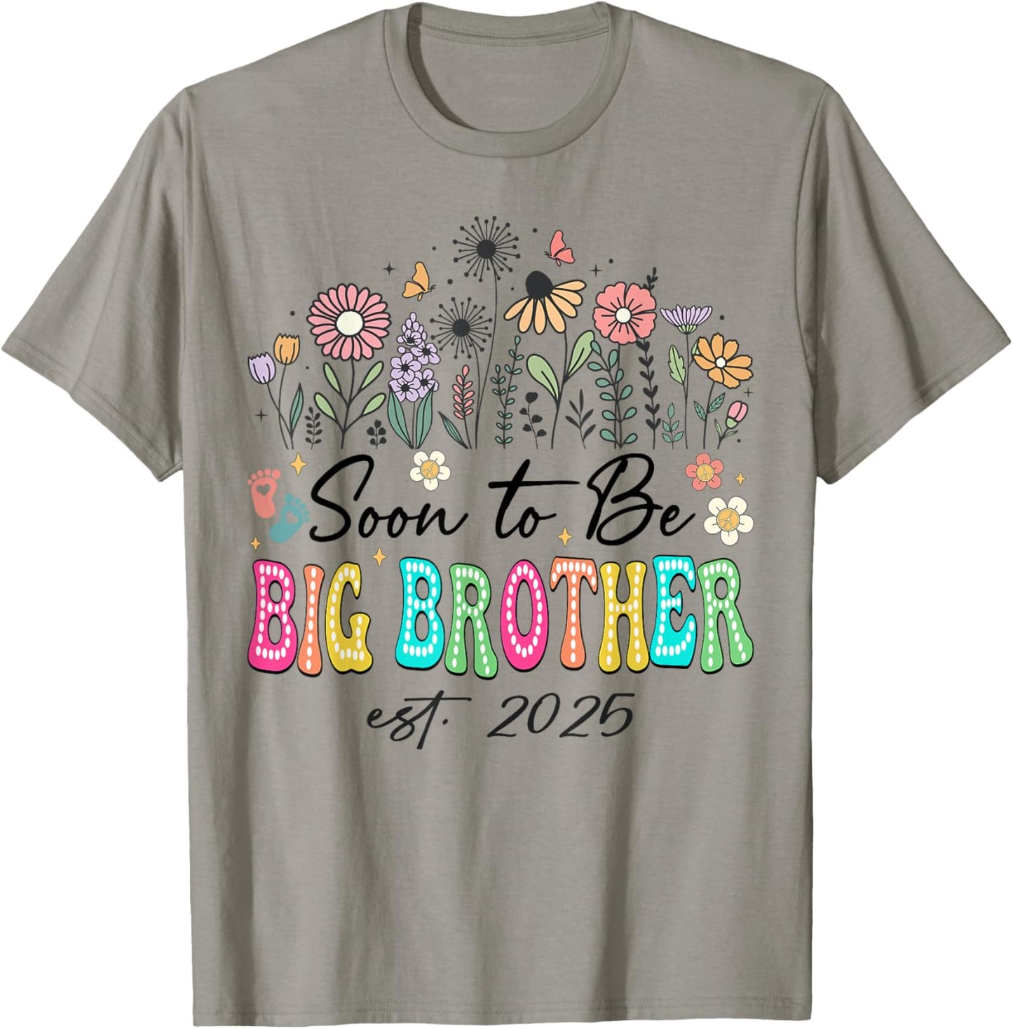Soon To Be Big Brother Est. 2025 Floral Wildflower Hippie T-Shirt - T-Shirt | Sand