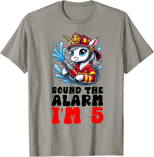 Unicorn Firefighter Fireman Kids 5th Birthday 5 Year Old T-Shirt - T-Shirt | Sand