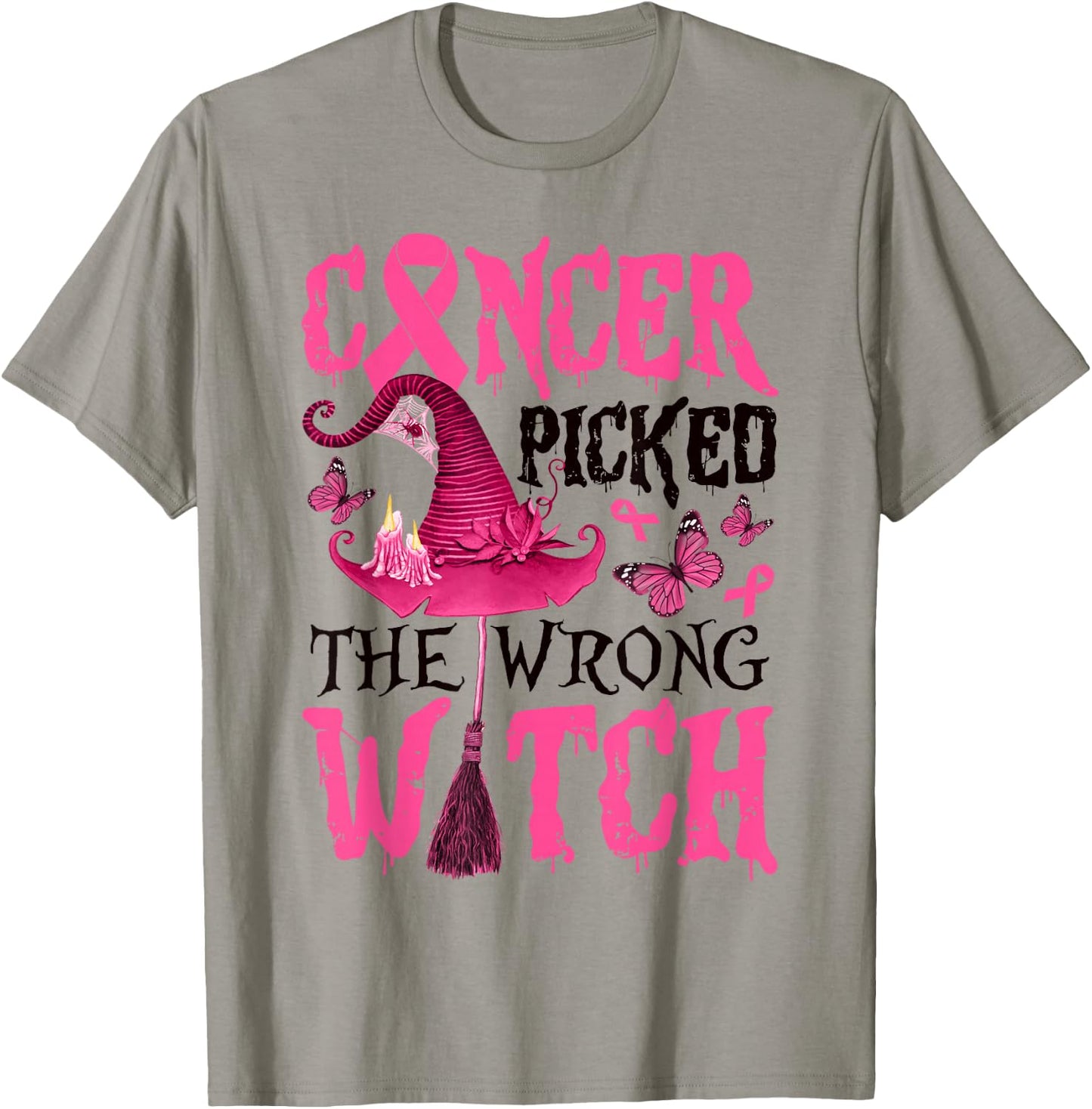 Breast Cancer Picked The Wrong Witch Halloween Women Girls T-Shirt - T-Shirt | Sand