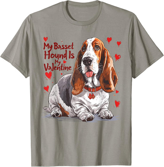 Basset Hound Is My Valentine Cute Dog Owner Valentines Day T-Shirt - T-Shirt | Sand