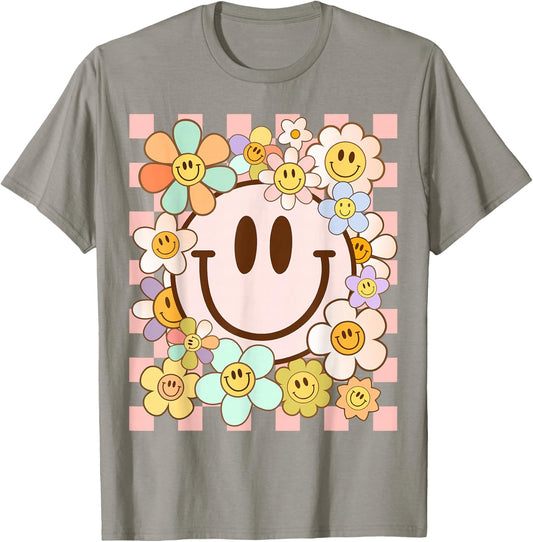 Retro Smile Face Flower Happy Face Flowers Heart Kids Girls T-Shirt - T-Shirt | Sand