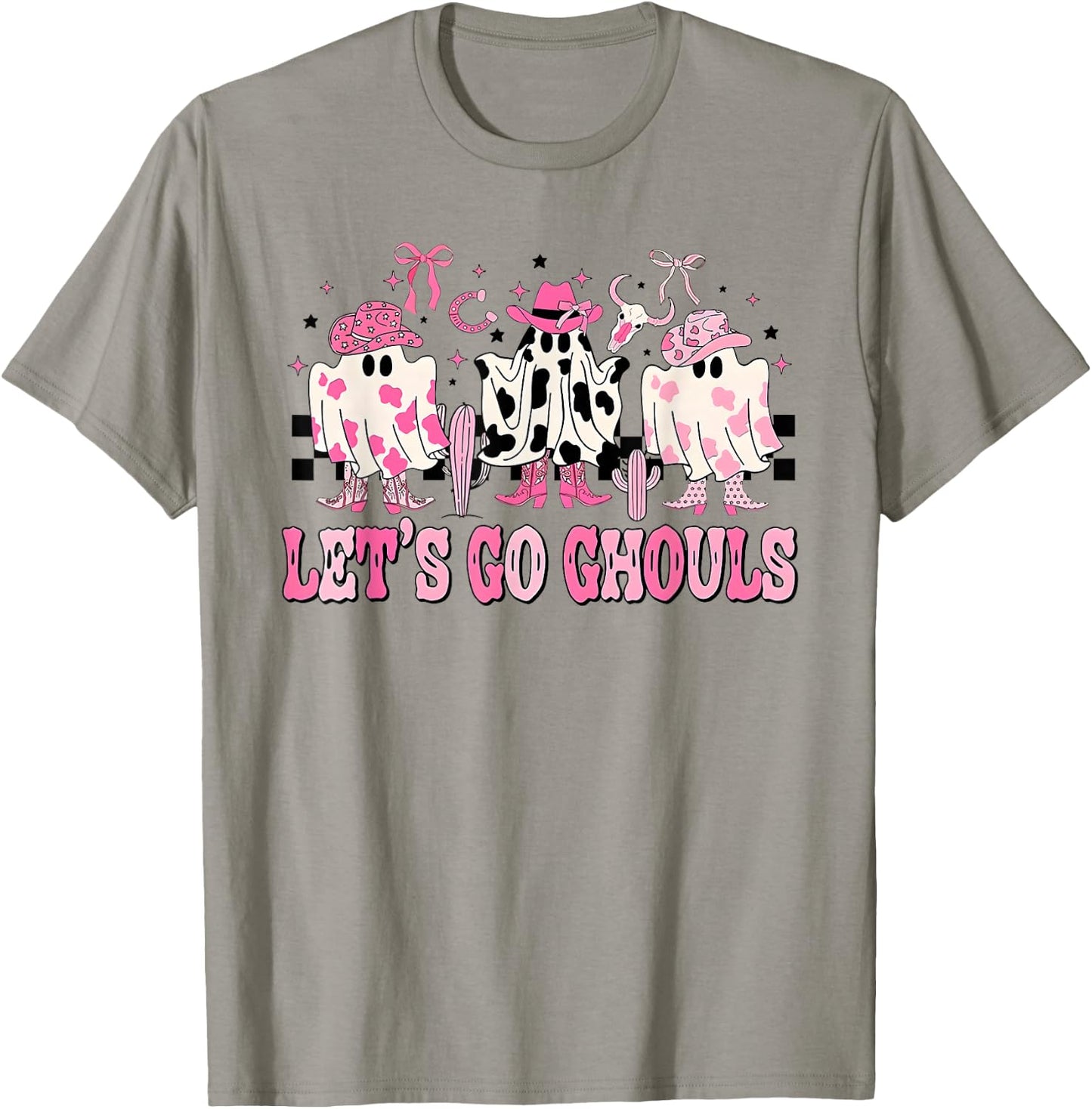 Lets Go Ghouls Groovy Pink Ghost Halloween Western Cowgirl T-Shirt - T-Shirt | Sand