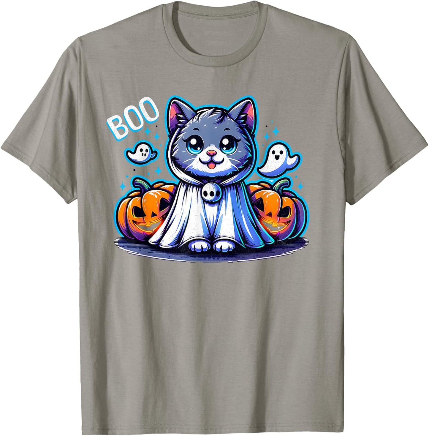 Ghost Cat Boo Funny Cat Pumpkin BOO Kitty Cat Halloween Women Kids T-Shirt - T-Shirt | Sand
