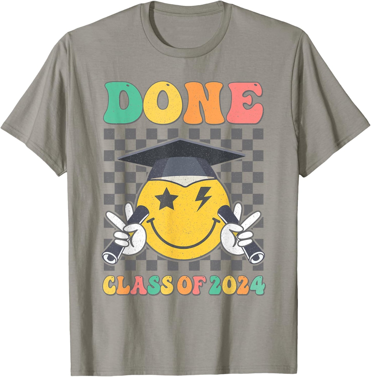Retro Groovy DONE Class Of 2024 Smile Face Senior Graduation T-Shirt - T-Shirt | Sand