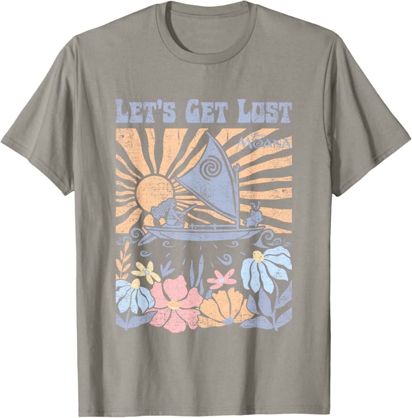 Disney Moana Let's Get Lost Pastel Colors Retro Chest Poster T-Shirt - T-Shirt | Sand