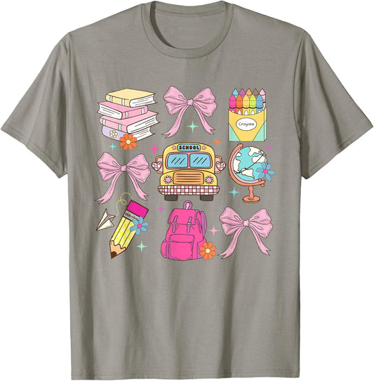 Coquette School Back To School Pink Bow Teacher Students T-Shirt - T-Shirt | Sand