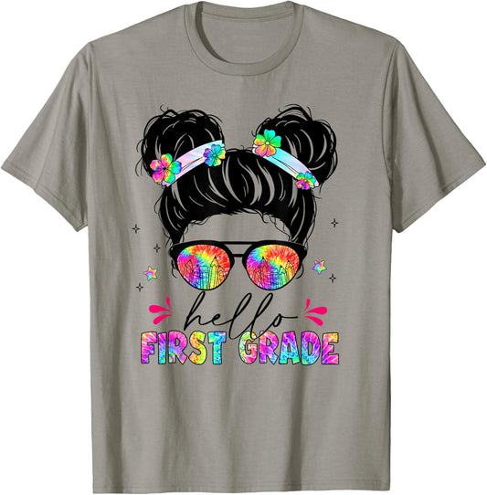 Hello First Grade shirt messy bun tie dye back to school T-Shirt - T-Shirt | Sand