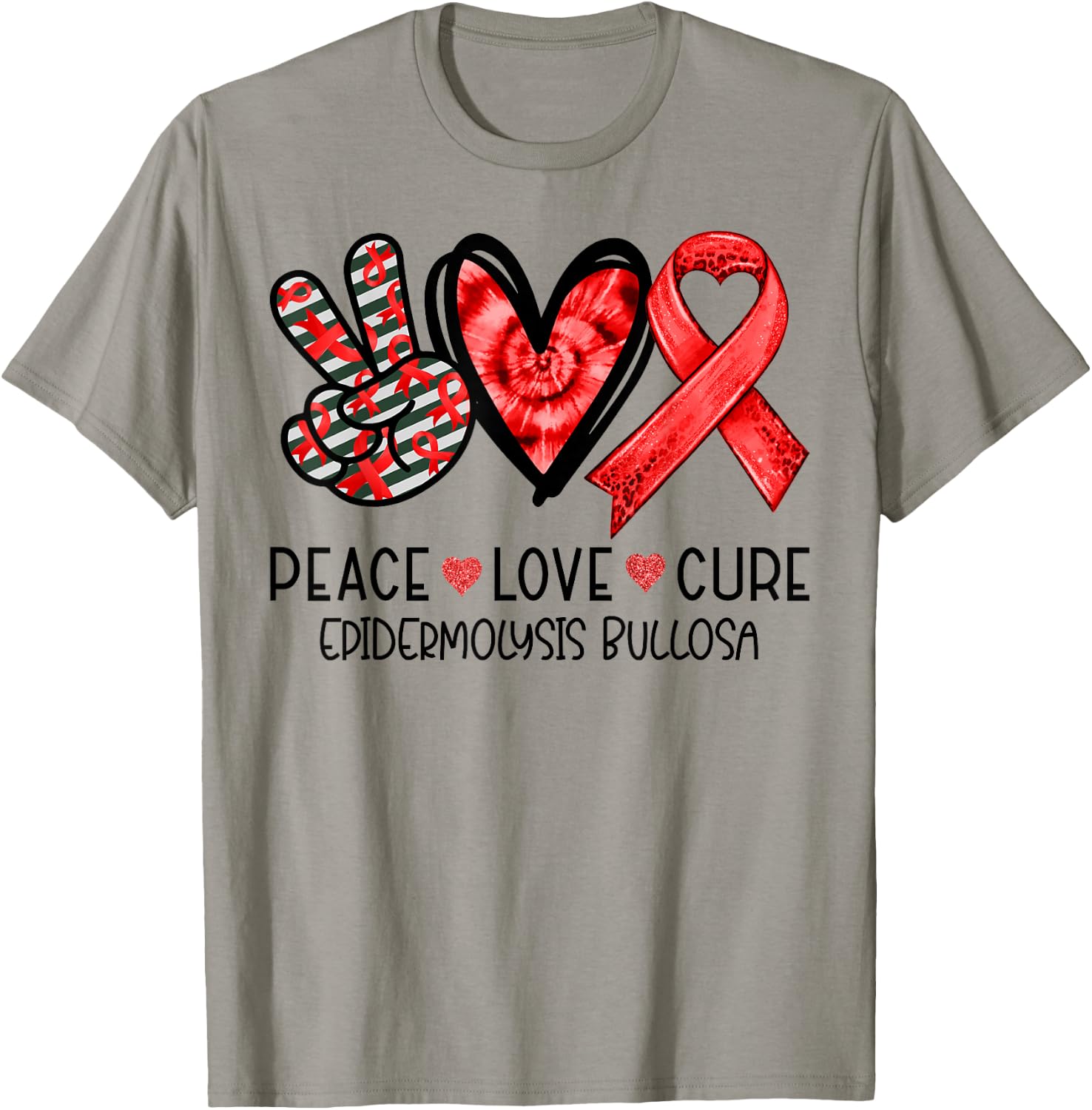 Peace Love Cure Red Ribbon Epidermolysis Bullosa T-Shirt - T-Shirt | Sand