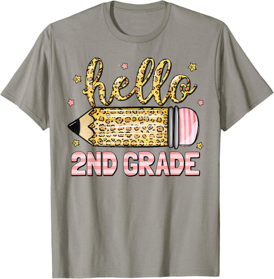 Back To School Hello Second 2nd Grade Leopard Pencil Girl T-Shirt - T-Shirt | Sand